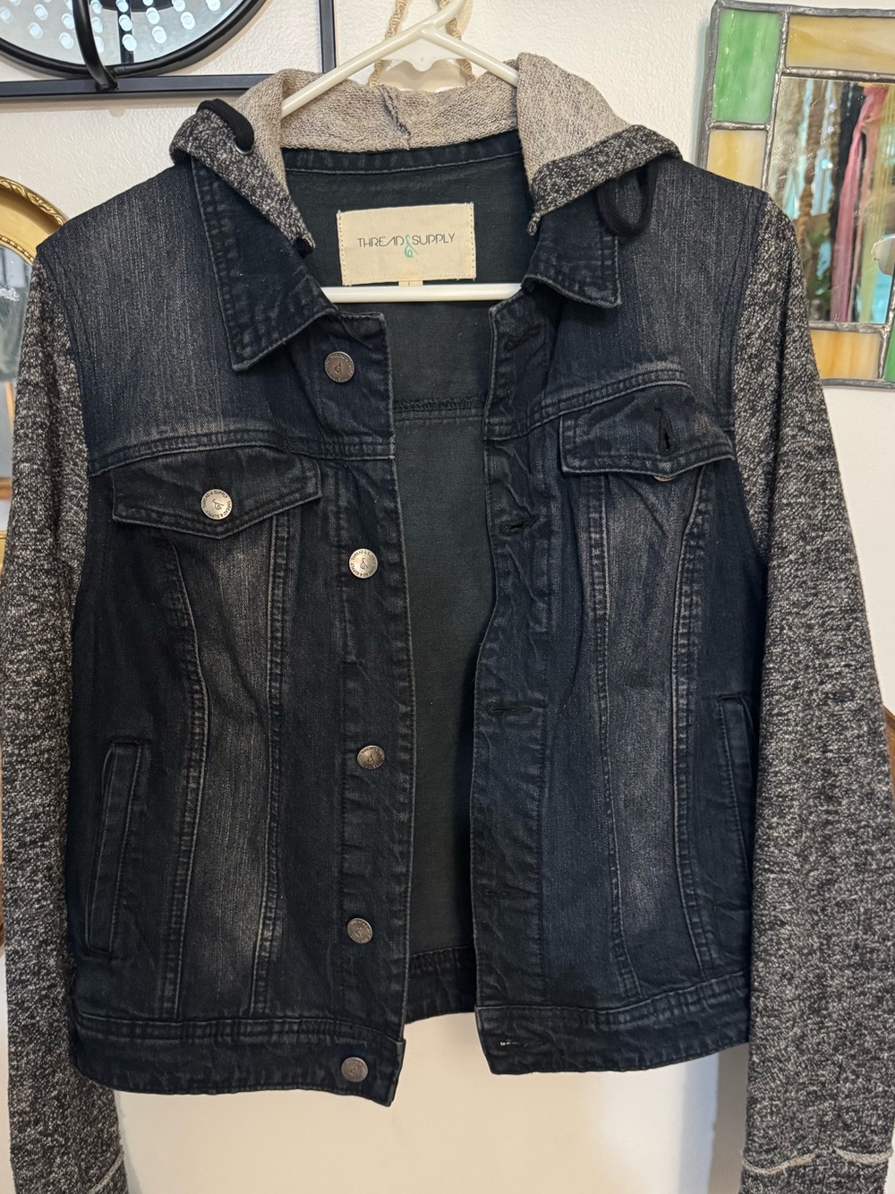 Thread & Supply Black Denim Jacket with Gray Knit Hood & Sleeves